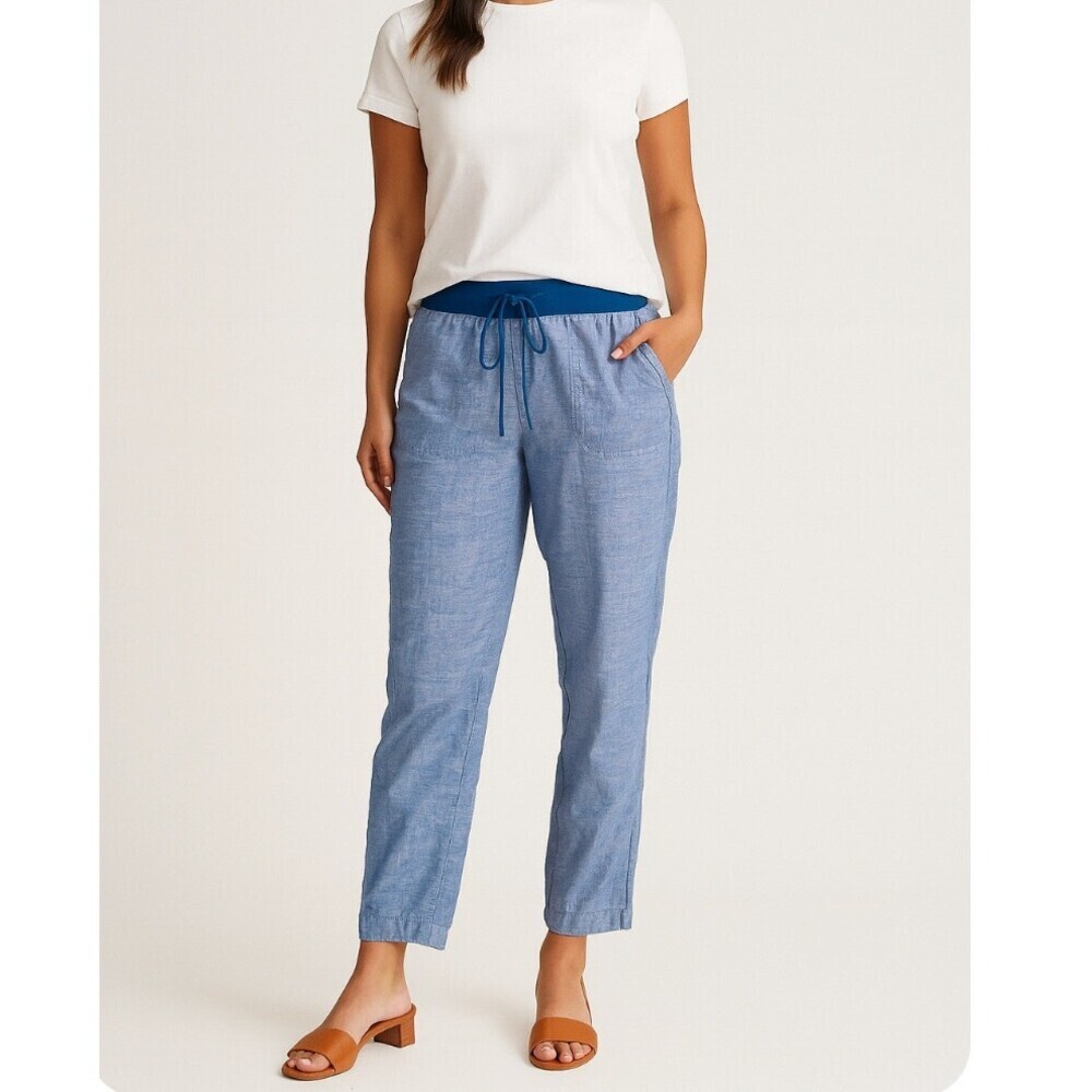 TALBOTS Chambray Pants 100% Linen Lagenlook Elastic waist SZ 2P cropped SZ 2P